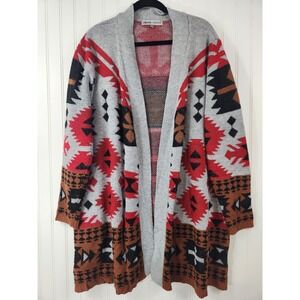 Absolutely Famous Southwestern Geometric Knit Open Front Cardigan Red Grey 2X
